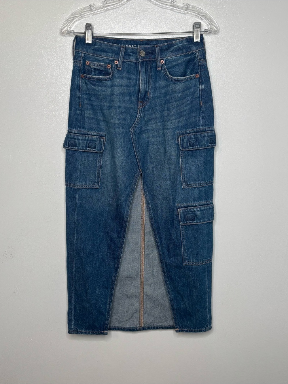 American Eagle Low Rise Maxi Skirt Size XXS Blue Denim Cargo Pockets